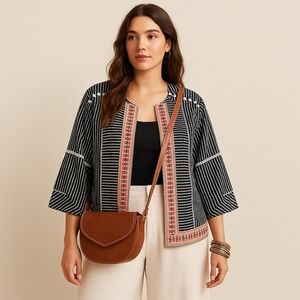 Rafaella Boho Kimono Artsy Jacket 3X Black White Embroidered Open Front Office